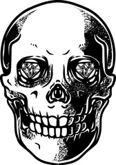 A striking vector illustration of a skull with diamonds in both eyes, symbolizing wealth, mystery, and power. Perfect for tattoos, logos, and graphic designs. Bold, detailed, and visually captivating.