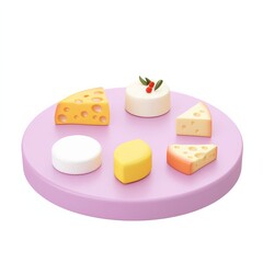 A colorful assortment of cheese-shaped toys displayed on a round purple board, featuring various cheese styles and playful designs.
