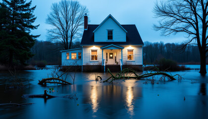 Flooded suburban home at dusk, nature's impact
