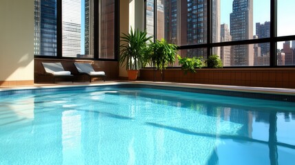 Fototapeta premium Indoor swimming pool with city view and sunlit lounge chairs near large windows.