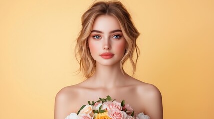 Fototapeta premium Young woman in a pastel spring dress holds a bouquet of flowers against a soft yellow background