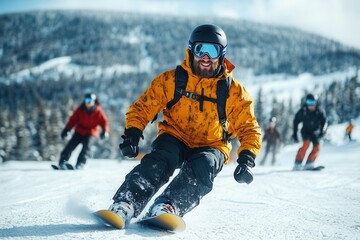 Caucasian male adult snowboarding down a sunny mountain with friends in colorful winter gear.