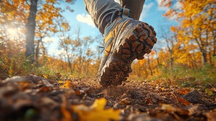 Autumn Hike: A Close-Up of Muddy Boots on a Trail