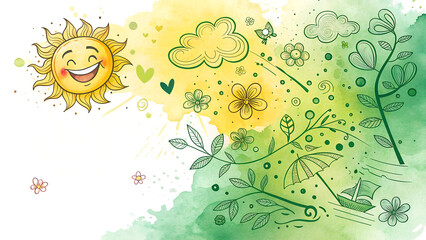 Whimsical Watercolor Splash Background, Vibrant and Cheerful, April Fool's Day Doodles, with copy space, words + concept