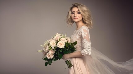 Fototapeta premium Young woman in a pastel spring dress holding a bouquet of roses during a soft-lit photoshoot
