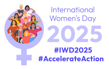 Accelerate Action campaign pose. International Women's Day 2025. Diverse women demonstrate strong arm with clenched fist to show solidarity and support in the fight for women's rights, gender equality