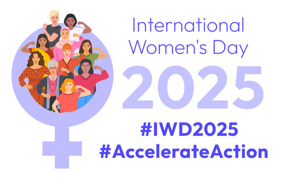 Accelerate Action campaign pose. International Women's Day 2025. Diverse women demonstrate strong arm with clenched fist to show solidarity and support in the fight for women's rights, gender equality