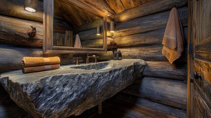 Obraz premium Rustic Log Cabin Bathroom With Stone Sink