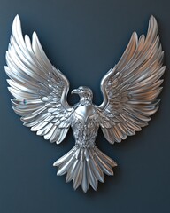 Silver eagle sculpture with spread wings on a dark background metallic bird art