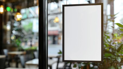 White poster with black frame displayed against blurred cafe background for showcasing promotional products