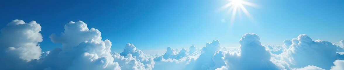 Deep blue expanse, scattered cumulus clouds, intense sun rays , sky,  sunbeams,  ray
