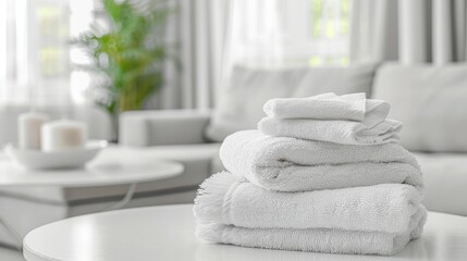 White towels displayed on a white table with copy space against a blurred living room backdrop for product presentation.