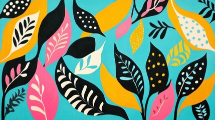 Design an illustration with abstract patterns of leaves and plants, using flat shapes and bold colors like mustard yellow, teal blue, pink, orange, black, and white. The background a light turquoise