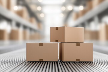 Cardboard boxes are stacked in a spacious warehouse filled with shelving units. The setting is bright and well-organized, indicating a busy storage operation during working hours.