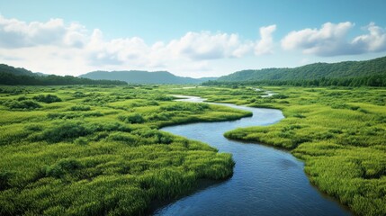 Obraz premium Serene River Meandering Through Lush Green Meadows