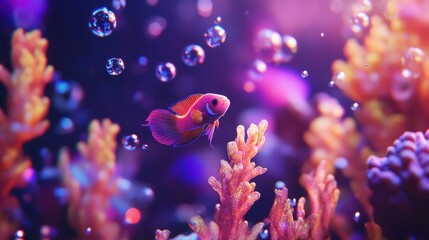 Obraz premium Vibrant Betta fish in coral habitat with bubbles.