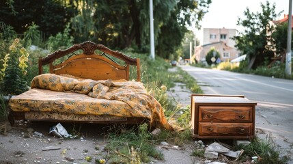 Wooden furniture and old bed left on the side of the road for garbage collection