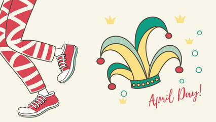Obraz premium Light-hearted watercolor, jester hats and clown shoes, April Fool's background with copy space
