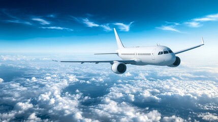 Fototapeta premium White Plane Soaring High in Blue Sky, Great Aviation Photography
