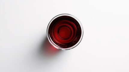 Red liquid in clear glass on white surface top view with soft shadow minimalist style