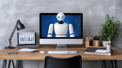 Futuristic workspace with computer display showing a robot, clean desk with stationery, plants, and charts in a modern office environment