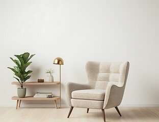 Cozy Scandinavian living room with a white wall, an armchair, and a shelf, wooden flooring, a gold lamp, and a green plant pot to the left, white background, photorealistic