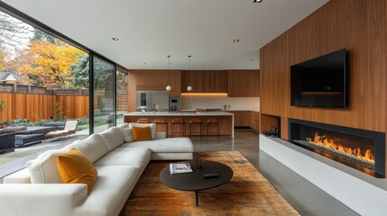 Modern Living Room with Fireplace and Autumnal View