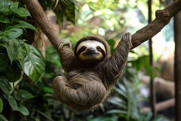 Fototapeta premium A sloth hanging from a tree branch in a lush, tropical environment, surrounded by vibrant greenery