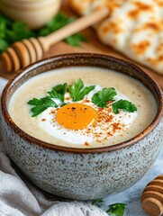 Creamy soup with poached egg garnished with parsley and spices in ceramic bowl.