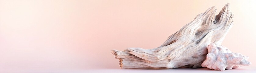 Fototapeta premium A beautiful composition showcases weathered driftwood pieces and a delicate seashell against a soft pastel background. The focus highlights the natural textures and colors of the materials