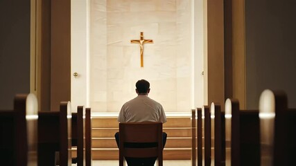 Kneeling in Confessional Booth at Dimly Lit Church