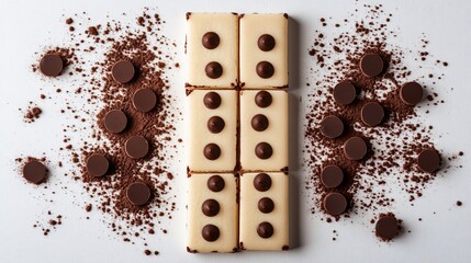 Fototapeta premium Domino-shaped cookies with chocolate dots arranged like a domino set, isolated on a clean white background with scattered cocoa powder