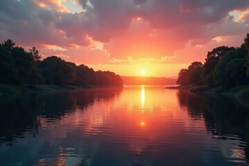 Obraz premium Warm light spreads across river water as sunset fades, gentle, twilight