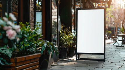 Blank white standing sign with black iron frame near cafe outdoor.