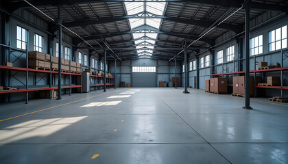 Empty warehouse interior with shelves and sunlight