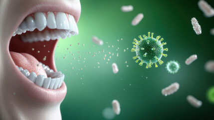 bacteria coming out of the mouth, bad breath filling the air, side lit background