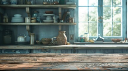 Blurry kitchen window shelves behind an empty, textured wooden table