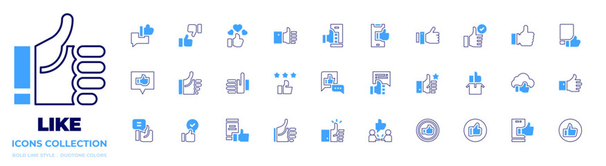 Like icon collection. Bold line style. Duotone colors. like, smartphone, thumbs up, feedback, disagreement, suggest, acknowledgement, cloud computing