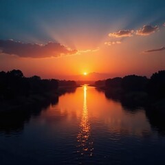 Obraz premium Warm light spreads across river water as sunset fades, serene, landscape, twilight