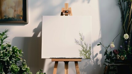 Canvas frame on easel with flower decor and empty space