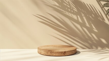 Minimalist Wooden Platform with Tropical Leaf Shadows