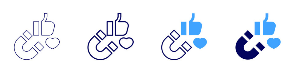 Like magnet icon in 4 different styles. Thin Line, Line, Bold, and Bold Line. Duotone style. Editable stroke