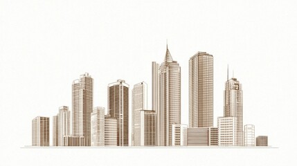 Naklejka premium Sepia-toned sketch of a modern city skyline, showcasing various skyscrapers and buildings.