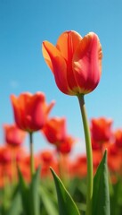 Obraz premium Warm orange hues and deep crimson tulip petals against a blue sky, landscape, red, tulips