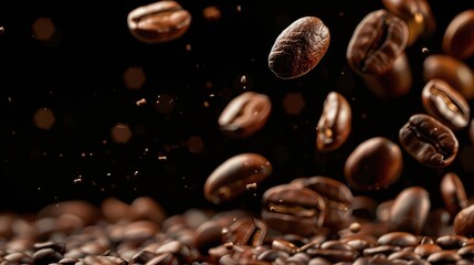 Obraz premium Coffee beans falling on dark background with space for text, close-up