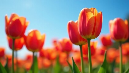 Warm orange hues and deep crimson tulip petals against a blue sky, nature, orange