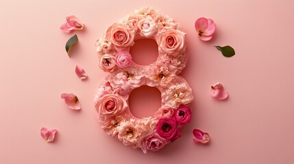 Beautiful floral arrangement forms the number eight against a soft pink background