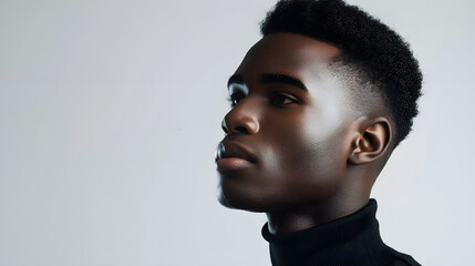 Obraz premium Side view profile portrait of confident serious young black man on isolated gray background with copy space. Studio shot of attractive african american man in black golf