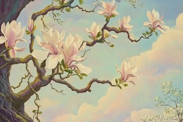 Magnolia Tree in Bloom A magnolia tree laden with delicate pink and white blossoms against a soft pastel sky