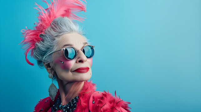 Portrait of a stunning senior lady wearing sunglasses, chunky earrings, pink feathers in her hair, sequins posing on blue isolated background with copy space. The concept of bold, extravagant old age
